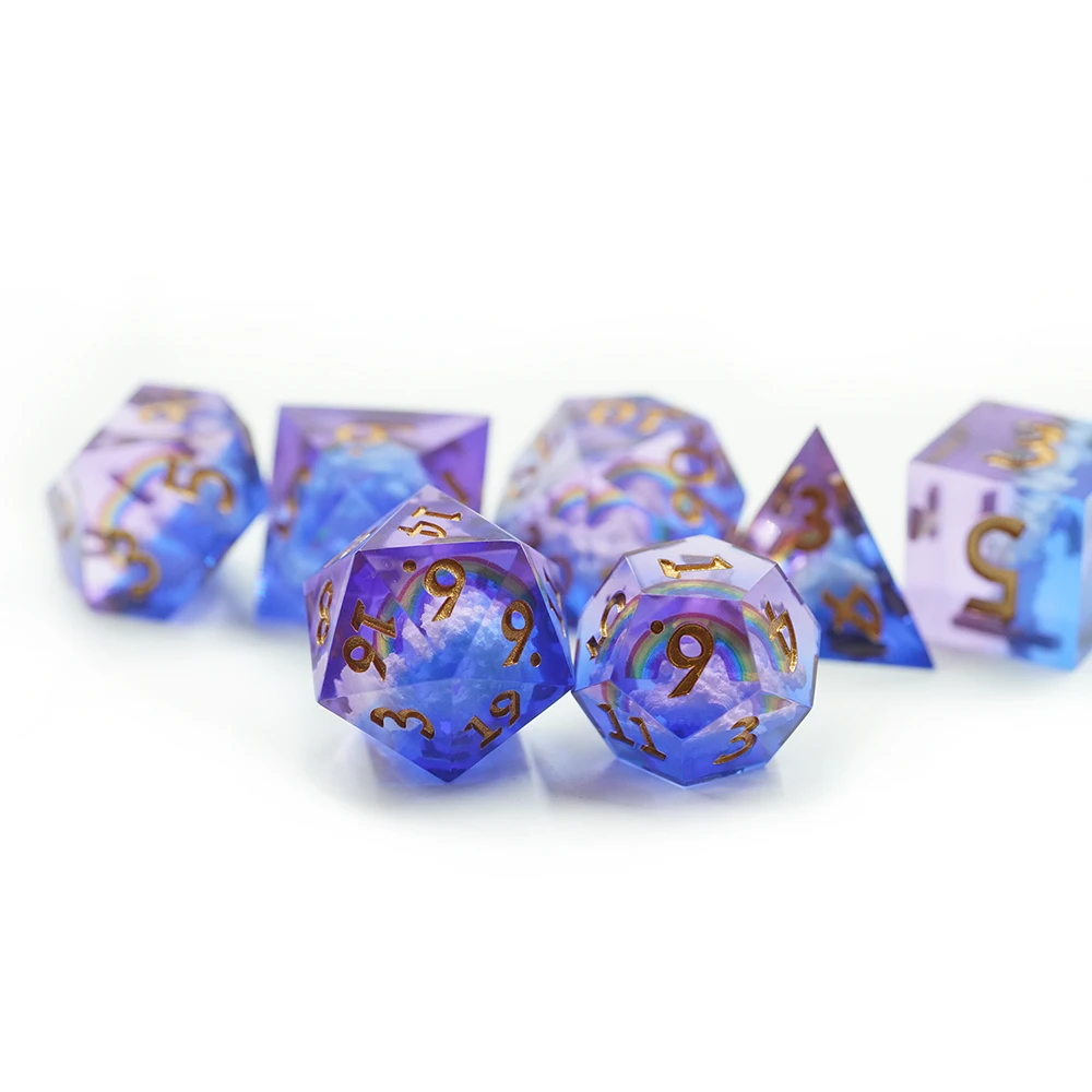 Rainbow and Clouds Resin DND Dice Set Core Sharp Edge DICE with Gold Number manufacture