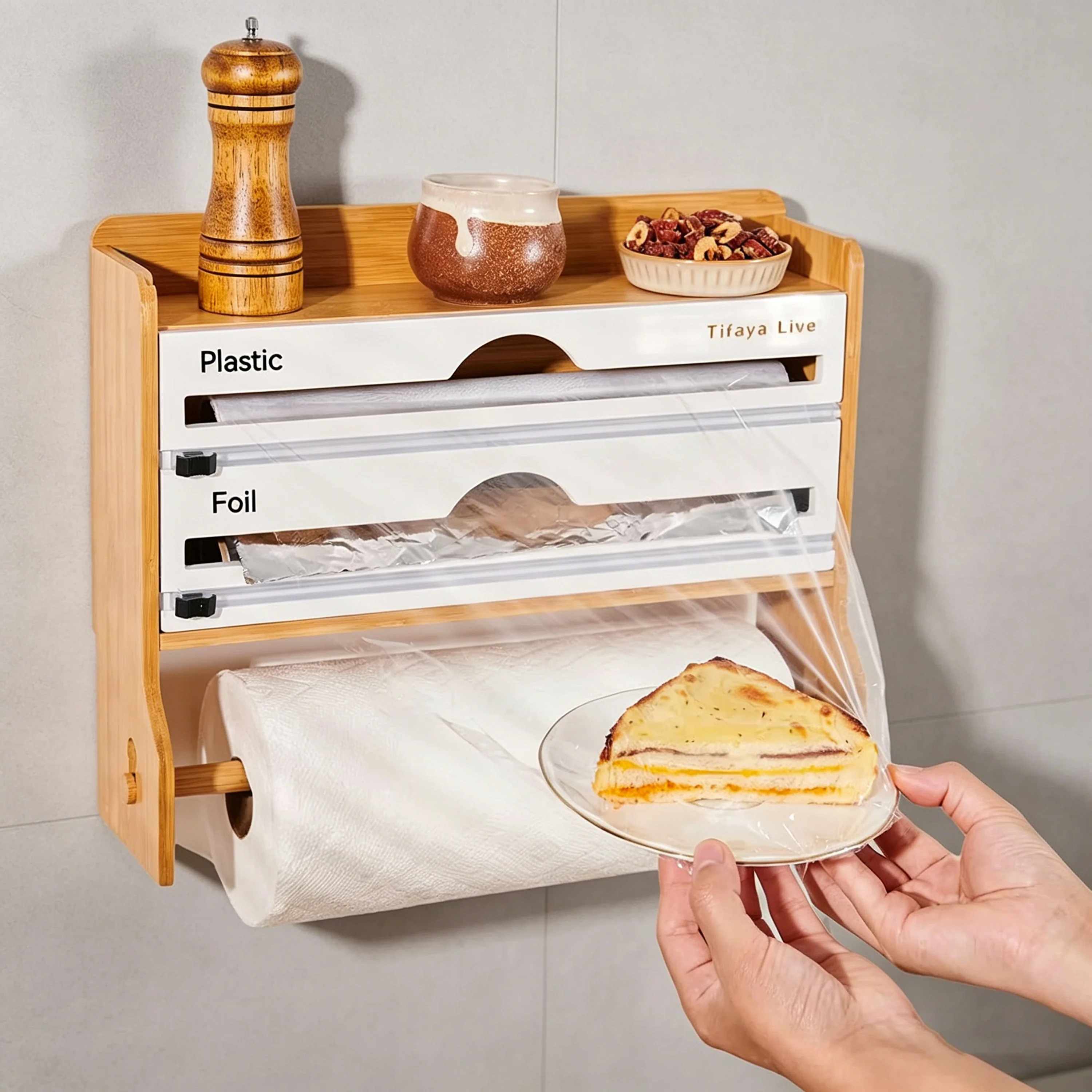 Bamboo Rectangle Lacquer 4 1 Wrap Dispenser Cutter Wall-Mounted Kitchen Paper Towel Holder Spice Jars Organizer Modern Luxury