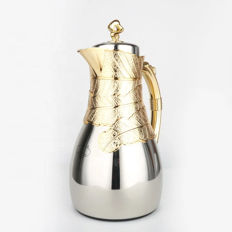New Arrival Top Level Leaves Design 1.0 Litre Silver Gold Coating Metal Body Glass Insulation Vacuum Flasks Dallah