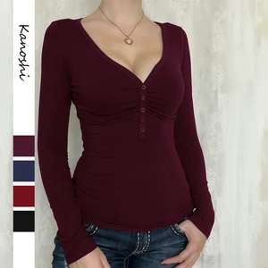 Women's Long Sleeve Shirts button up V Neck Fitted T Shirt Fall Going Out casual Tops ladies