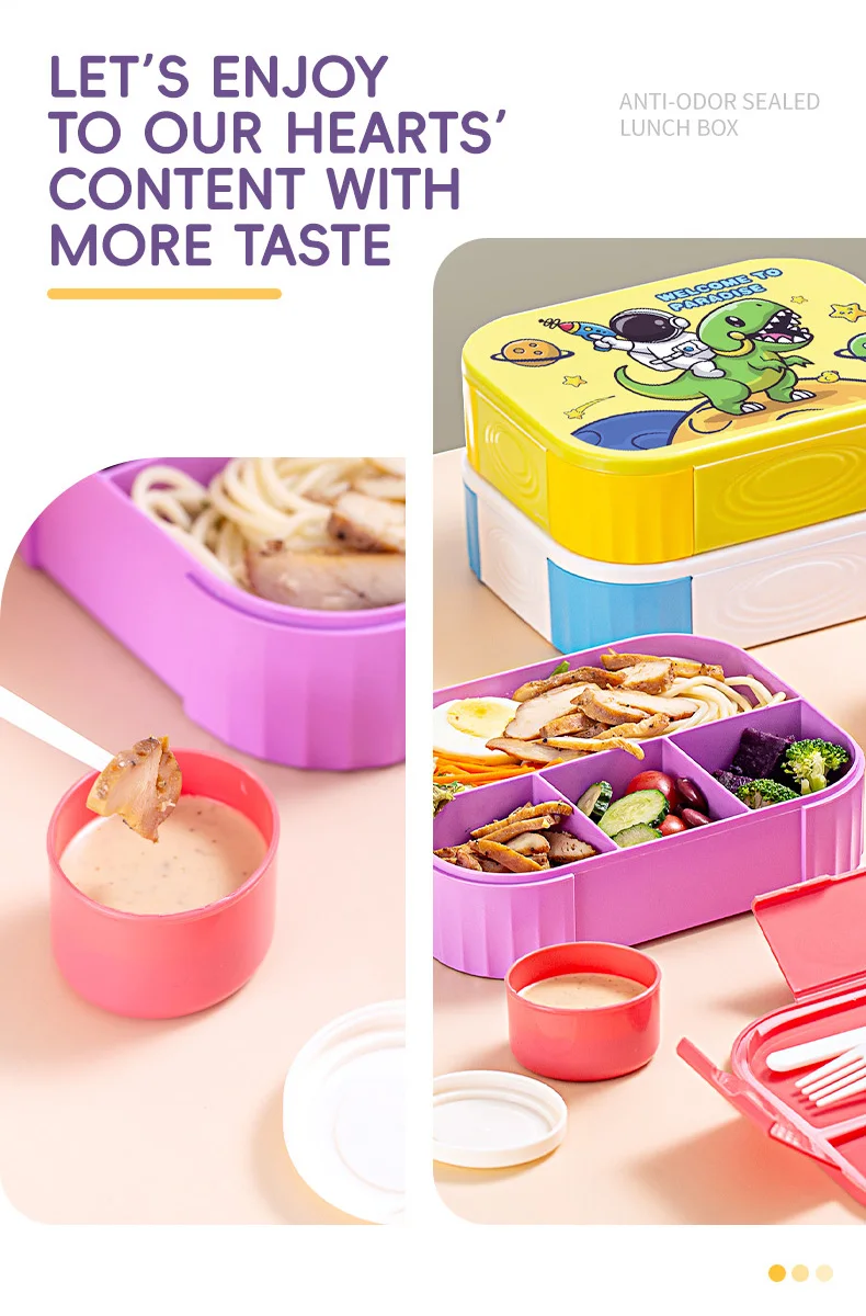 FDA LFGB CE CPC cartoon student kids 4 compartments leakproof plastic food grade lunch box with sauce box and cutlery 1200ml