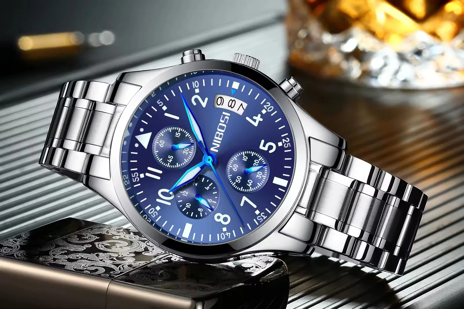 Orologio NIBOSI Cronografo Uomo - Quadrante Bianco Grigio, Bracciale Acciaio, Impermeabile, Sportivo Ed Elegante