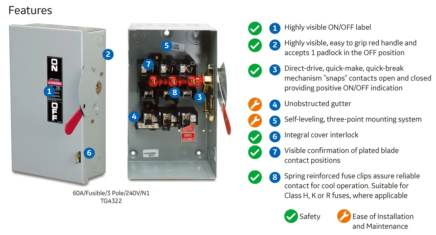 China good quality TG3322 TG3322R 3P 60A Nema 1 Indoor 3 Outdoor 3 Pole 240V Non-Fusible General duty Enclosed Safety switch