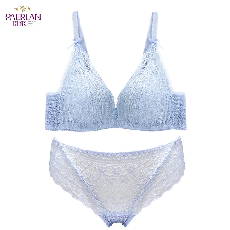 Set Bra, satin lace with lining (bra + panties) blue and white -  設計館brababa-lace 女裝內衣/內褲- Pinkoi