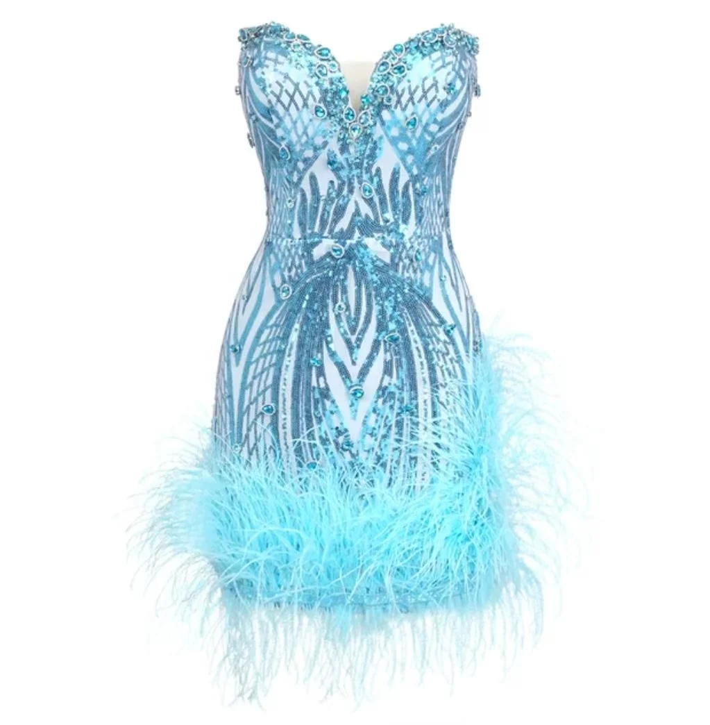 Feather Short Prom Dress Diamond Sequins Glitter V Neck Mini Birthday  Cocktail Party Dress Night Club Wear Dress Manufacturer