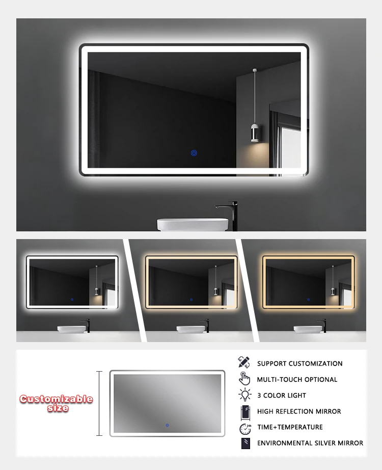 product led luxury bathroom wall mirror decoration large wall frame mirror lighting rectangular hotel modern mirror-5