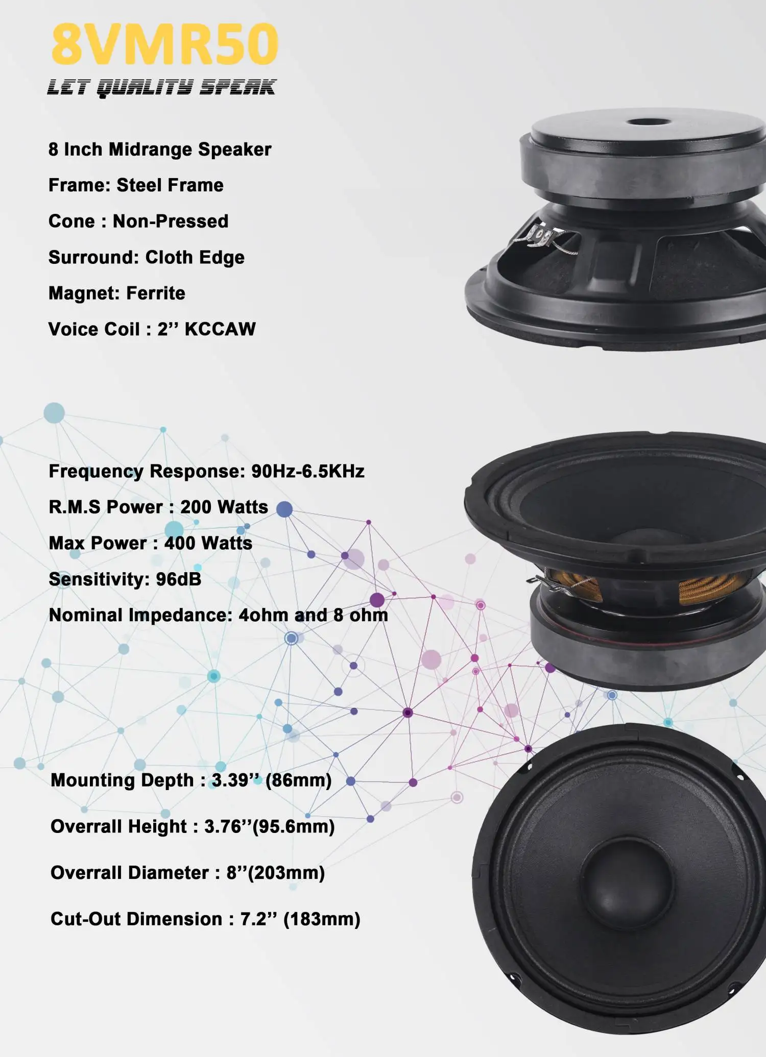 8vmr50 Wide Frequency Response Car Audio Mid Range Midrange Speaker 8