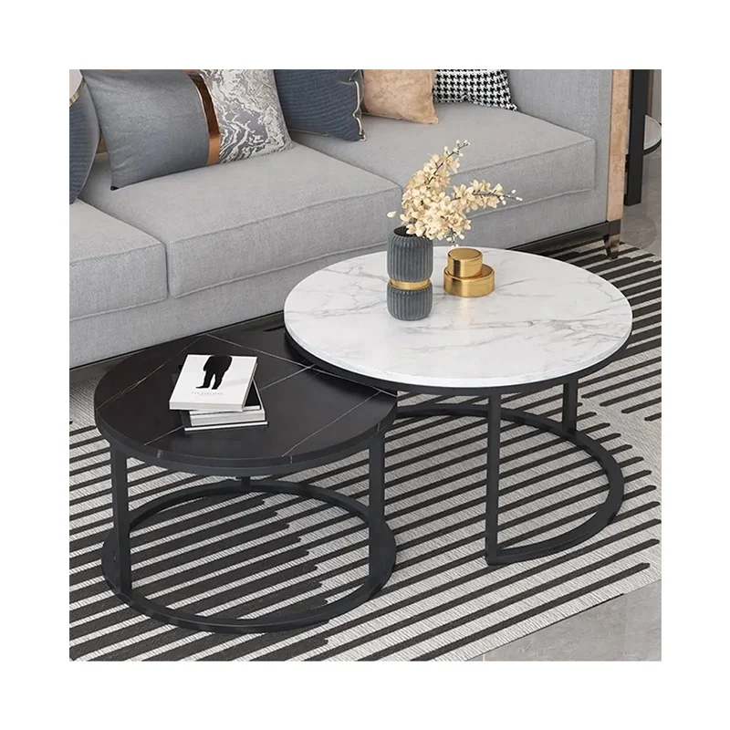 Кръгла чайна маса, маса за кафе, луксозна бяла персонализирана мебел за дневна, дизайнерска спечена каменна и неръждаема стоманена модерна маса