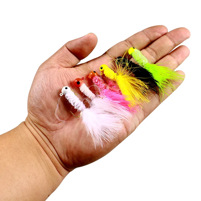 1/32OZ,1/16OZ,1/8OZ Peche Mouche Marabou Crappie Jig Heads Fishing Hook With Feather Trout Bass Fly Fishing Hair Jig Hooks