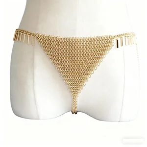 Sexy Classic Rectangle Stick Tassels Gold Chainmail Belly Chain Lingerie Panty Body Jewelry for Party Wedding Anniversary