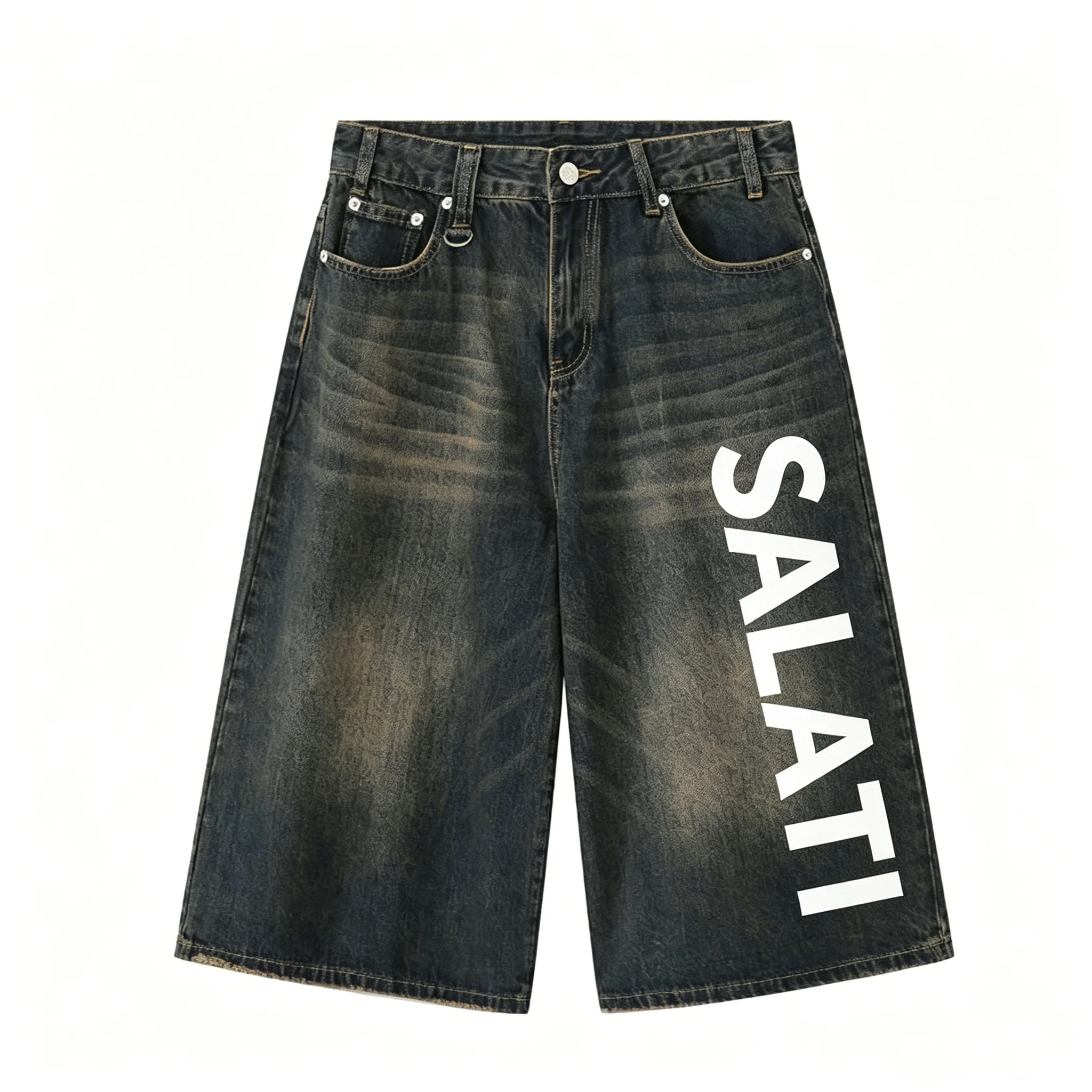 Wholesale Custom Vintage Rusty Washed Wide Leg Denim Men High Waist Loose Cotton Shorts Vertical Casual Jeans