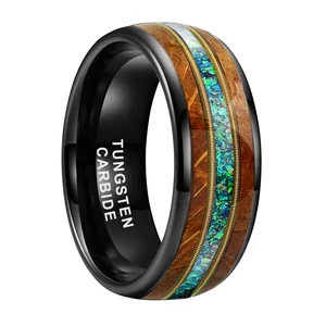 Coolstyle Jewelry 8mm Whisky Wood Guitar String Green Opal Inlay Black Tungsten Ring Men Women Fashion Engagement Wedding Band
