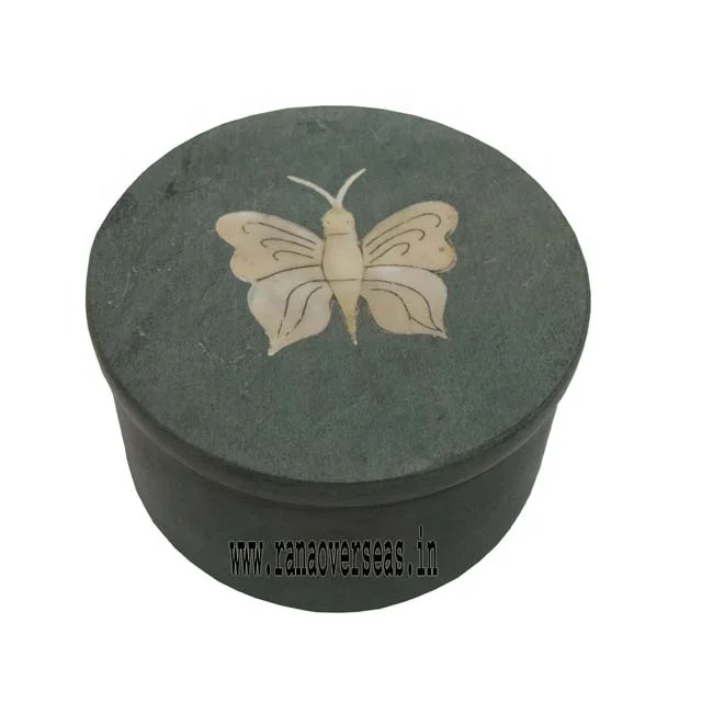 Декоративный ящик для хранения ручной работы из мыльного камня с крышкой и Рисунком бабочки круглой