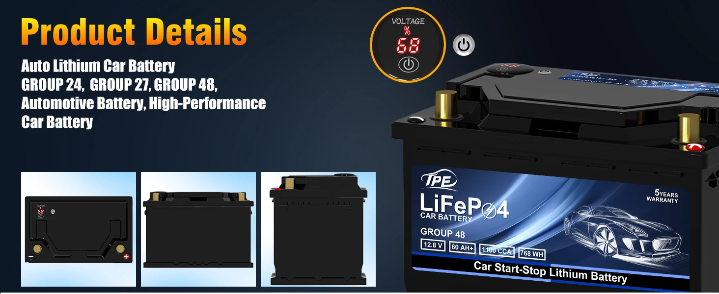 Car Start-Stop 12.8V 60Ah  Lithium Iron Automotive Battery Rechargeable Storage LiFePO4 Car Battery Portable Emergency Power factory