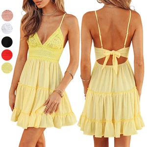 Tie Back Bow Trend Summer Sun Dress White Lace V Neck Backless Sleeveless Beach Mini Sundress Casual Dresses Women