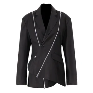 Custom Label Design Asymmetrical Zipper Embellished Suit Elegant Jacket Women's Long Sleeve blazer Factory