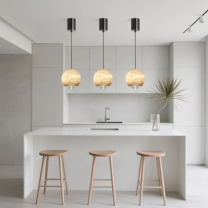 Natural Spanish Marble Copper Chandelier Minimalist Style Dimmable for Dining Room Bar Bedroom Bedside; Height Adjustable