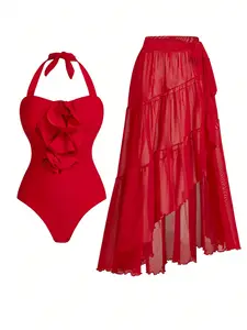 STOCK Two Colors Ties Neck Back Trendy Women Two Pieces Swimwear 3D Flower Swimsuit and Cover Ups Set S-XL