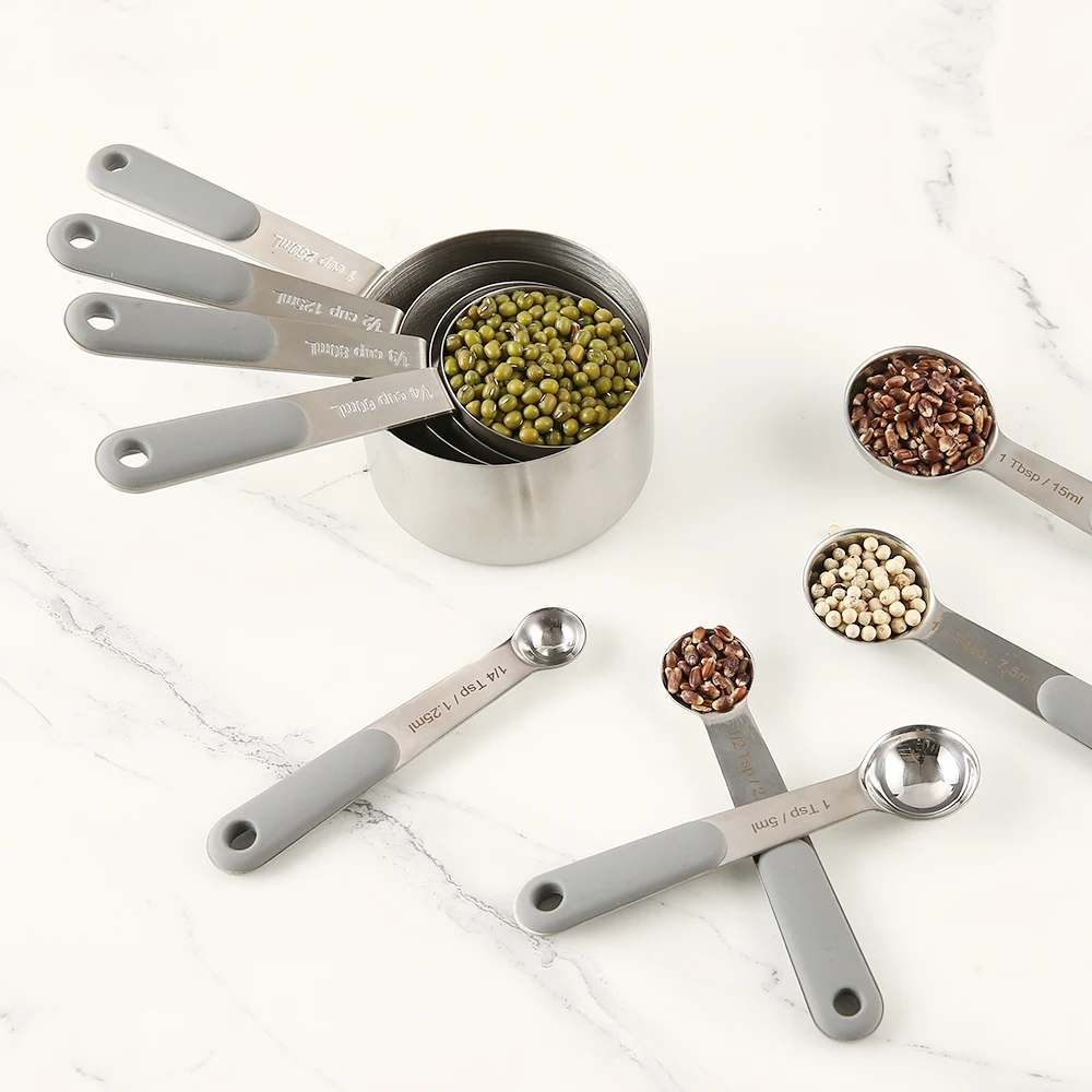 9 Pcs Kitchen Tool Set with Silicone Handles Stainless Steel Measuring Cups and Spoons for Effortless Cooking