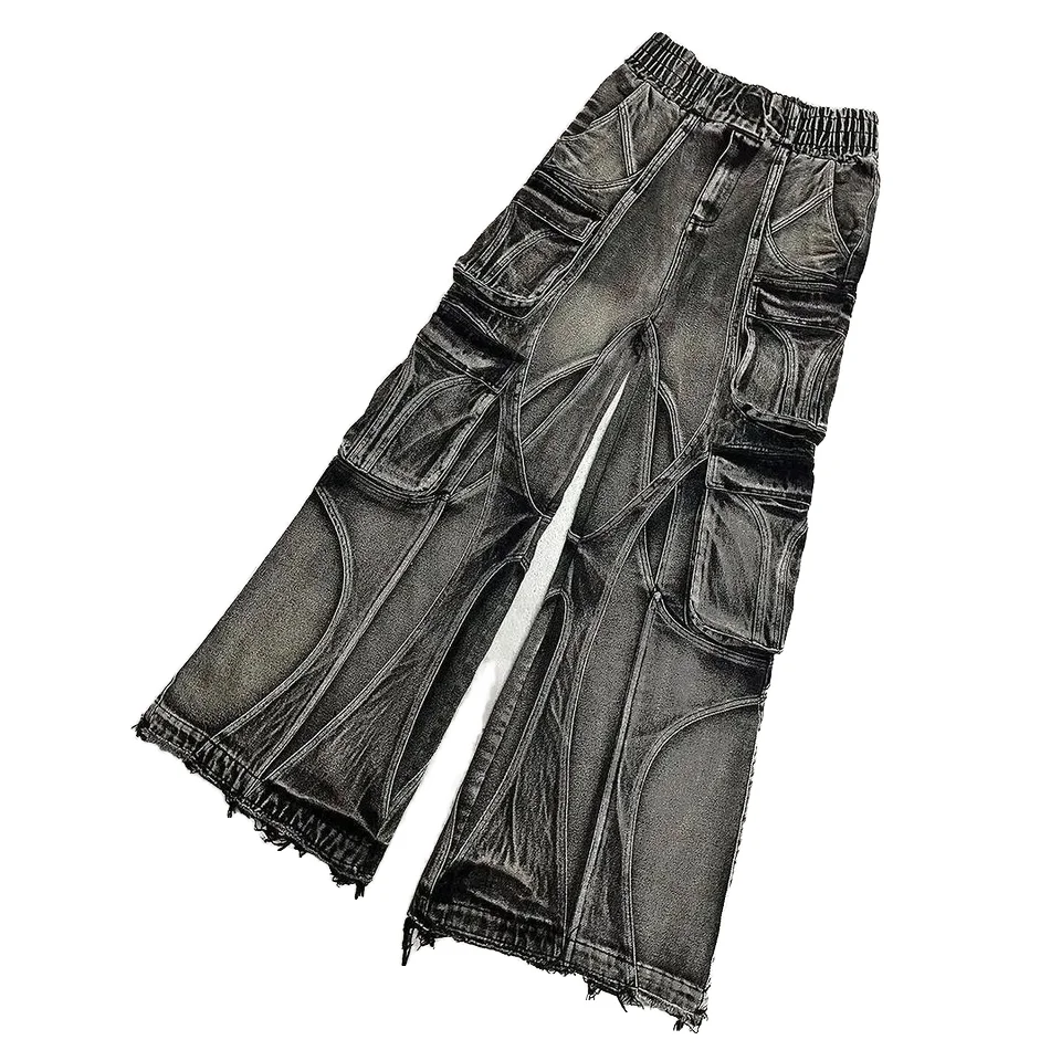 Salati Y2K Men's High Baggy Jeans Hip Hop Punk Stonewash Sun Faded Stone Wash Vintage Distressed Cargo Trousers Button Print