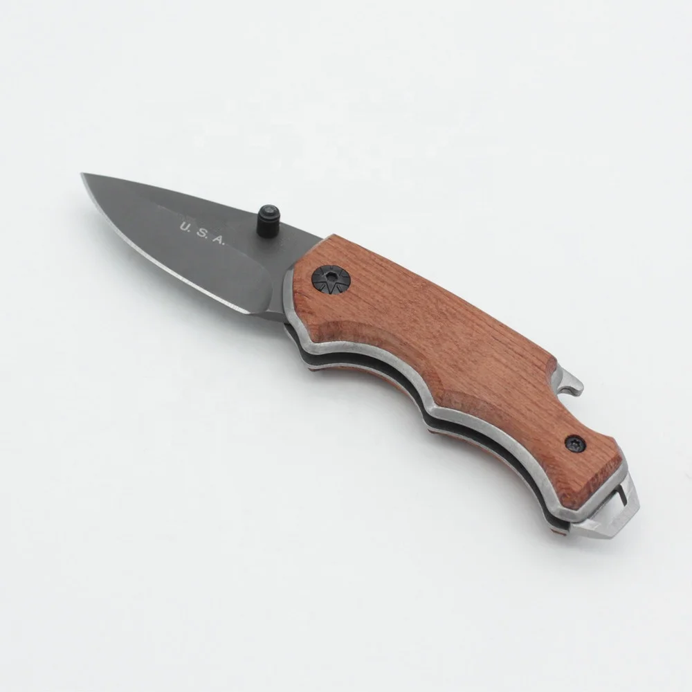 Engraved Padauk Wood Handle Grey Titanium Stainless Steel Blade Small Folding EDC Pocket Knife