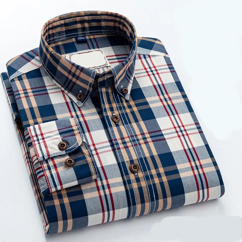 Retro British Style Button up Cotton Shirt for Men Fashion Mens Slim Fit Long Sleeve British Style Solid Color Plaid Shirt