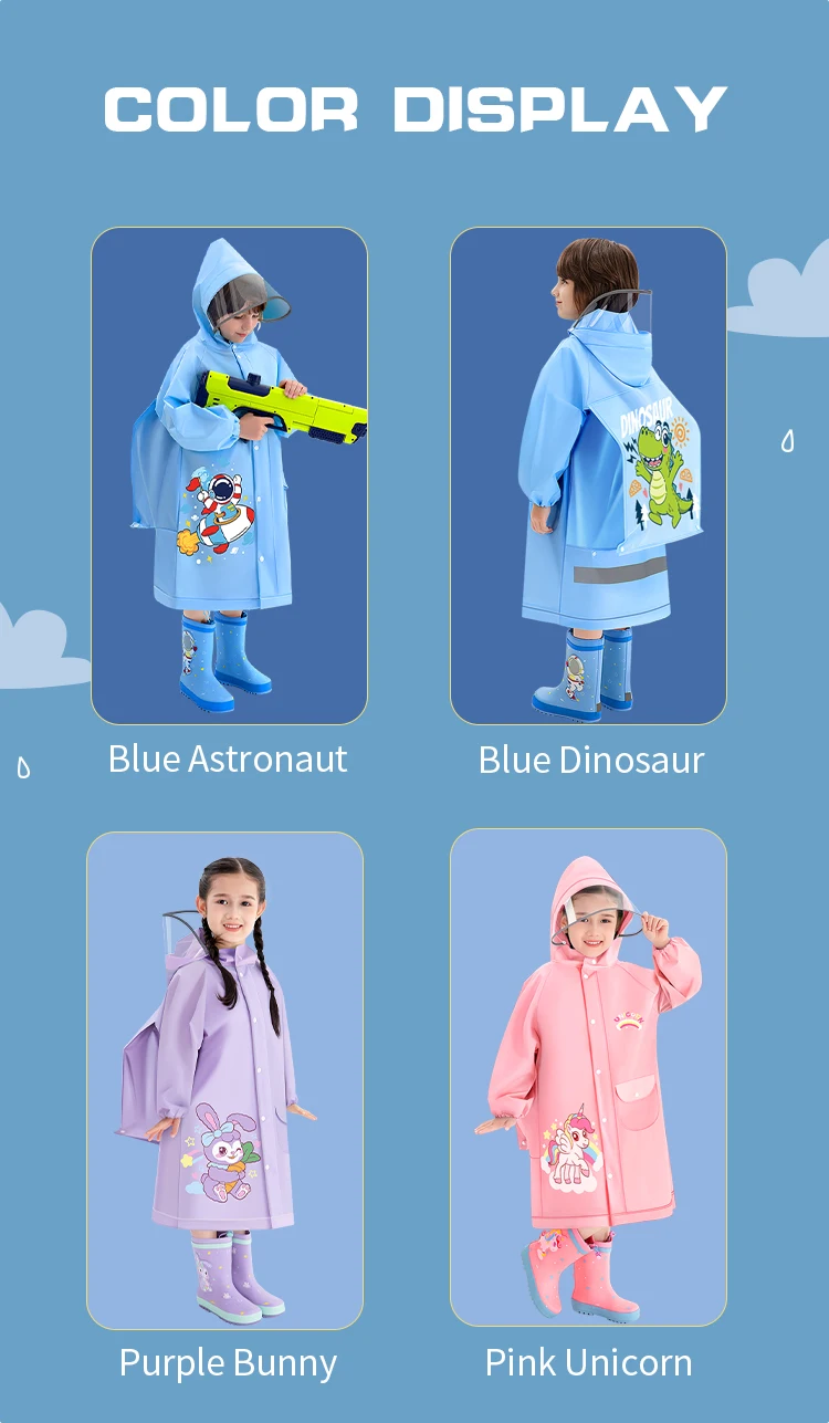 Back to school EVA waterproof rain coat cartoon print raincoats with schoolbag children's raincoat for kids students details