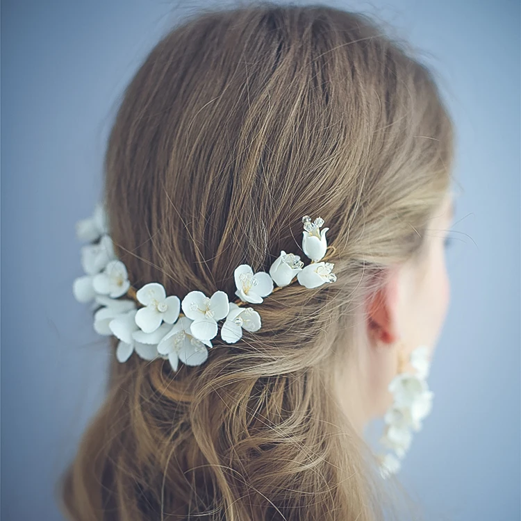 Elegant Handmade White Ceramic Flower Headdress Bridesmaid Bridal Accessories Jewelry Women Hair Combs Earrings