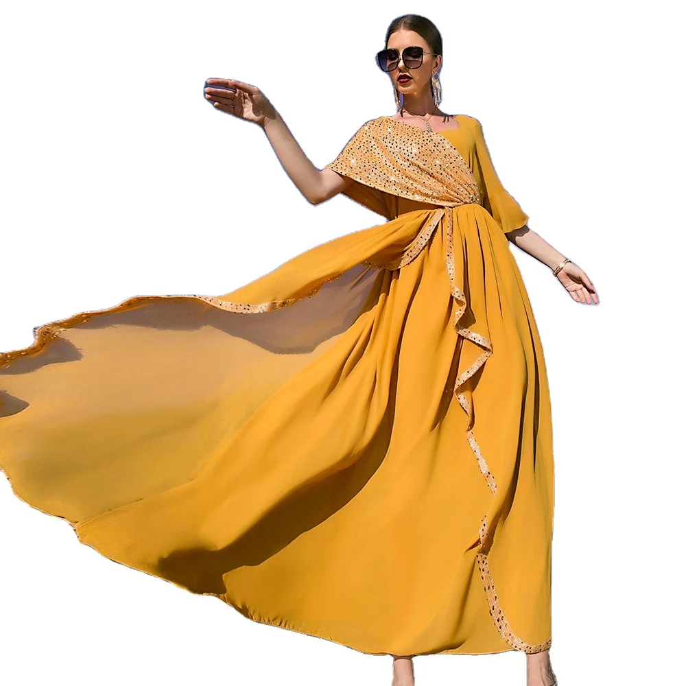 SH0100 Wholesale Orange Yellow Chiffon Sequined Swing Maxi Dress for Women  Dubai Turkey Arab National Dresses Moroccan Caftan