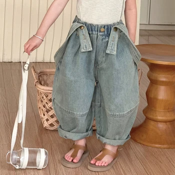 2024 Summer new girls' fashionable washed jeans children's unisex style retro suspender pants