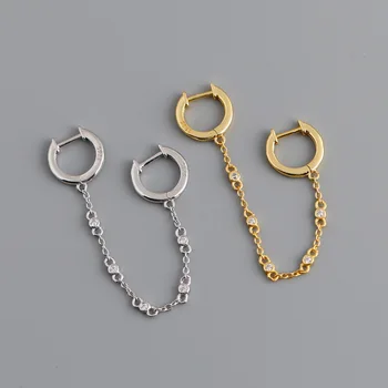 LUOXIN 925 Sterling Silver Golden Cz Diamon Charm Tassel Chain Double Piercing Hoop Earrings