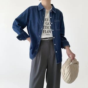 Custom Women's Blue Denim Button-Down Shirt with Chest Pocket