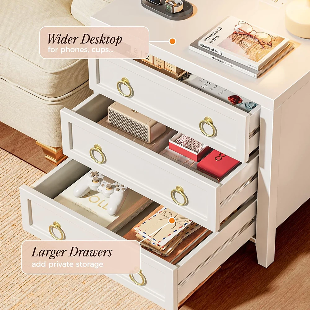 product 236 inch wooden night stand charger station usb c port 3 drawer larger wider bedside table modern side end table bedroom white-3