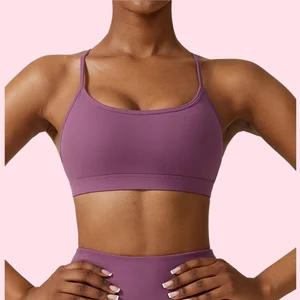 Elastic Breathable Sports Bras Beautiful Cross-Back Halter Top Removable Cups Shockproof Workout for Running Yoga Hollow Design
