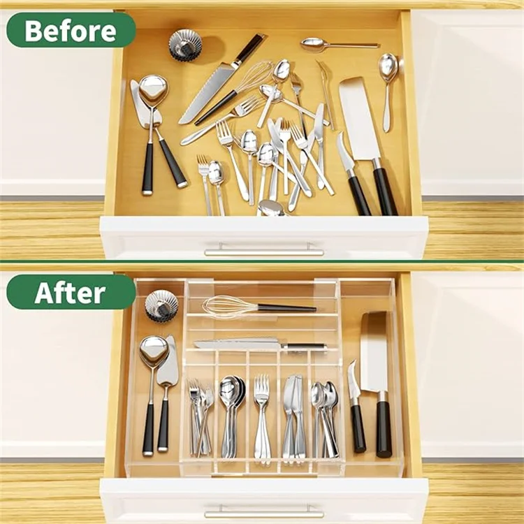 Expandable Kitchen Drawer Organizer for Flatware and Utensils,Clear Acrylic Adjustable Silverware Tray for Drawer,Office