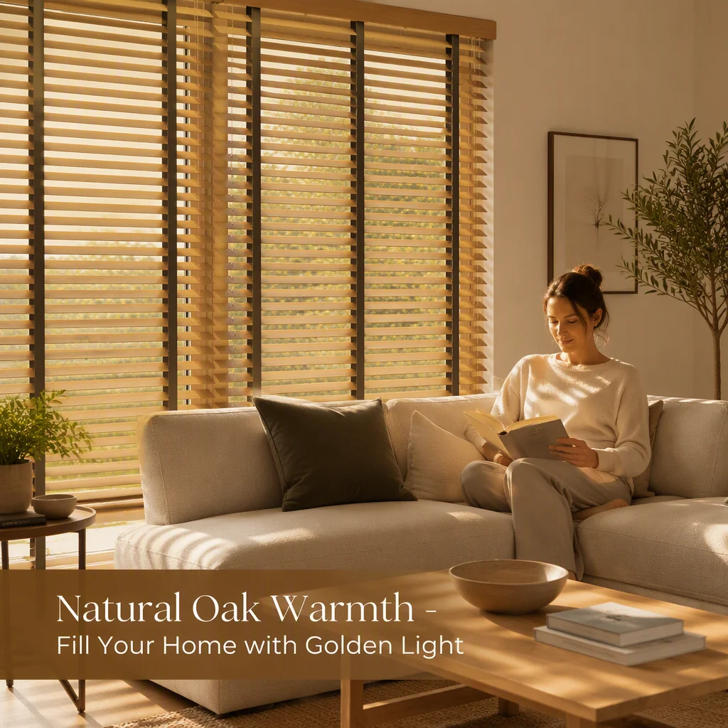 Venetian Blinds 50mm Stained Natural Oak Horizontal Wide Ladder Tape Pull Cord Paulownia Custom Size Living Room Eco-Friendly UV