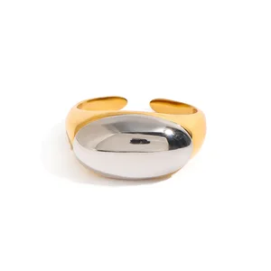MW Women's Stylish 18K Gold-Plated Stainless Steel Ring - Large Oval, Shiny Surface, Two-Tone, Open & Adjustable