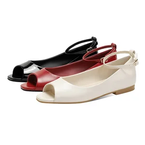Women's Summer Ballet Flats Peep Toe and Ankle Strap Breathable and Anti-Slip PU Leather Shoes in Black Red Cream