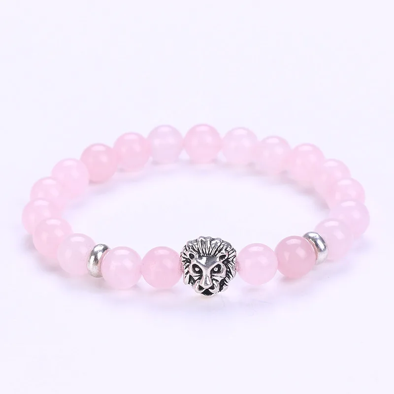 8mm Natural Gemstone Beaded Chakra Bracelet with Elastic Alloy Lion Head Anniversary Gift for Men and Women