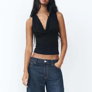 Clothing Manufacturers Custom Spring Summer Autumn Backless Lace up Slim Strapless Design V-neck Print Top Cropped Vest