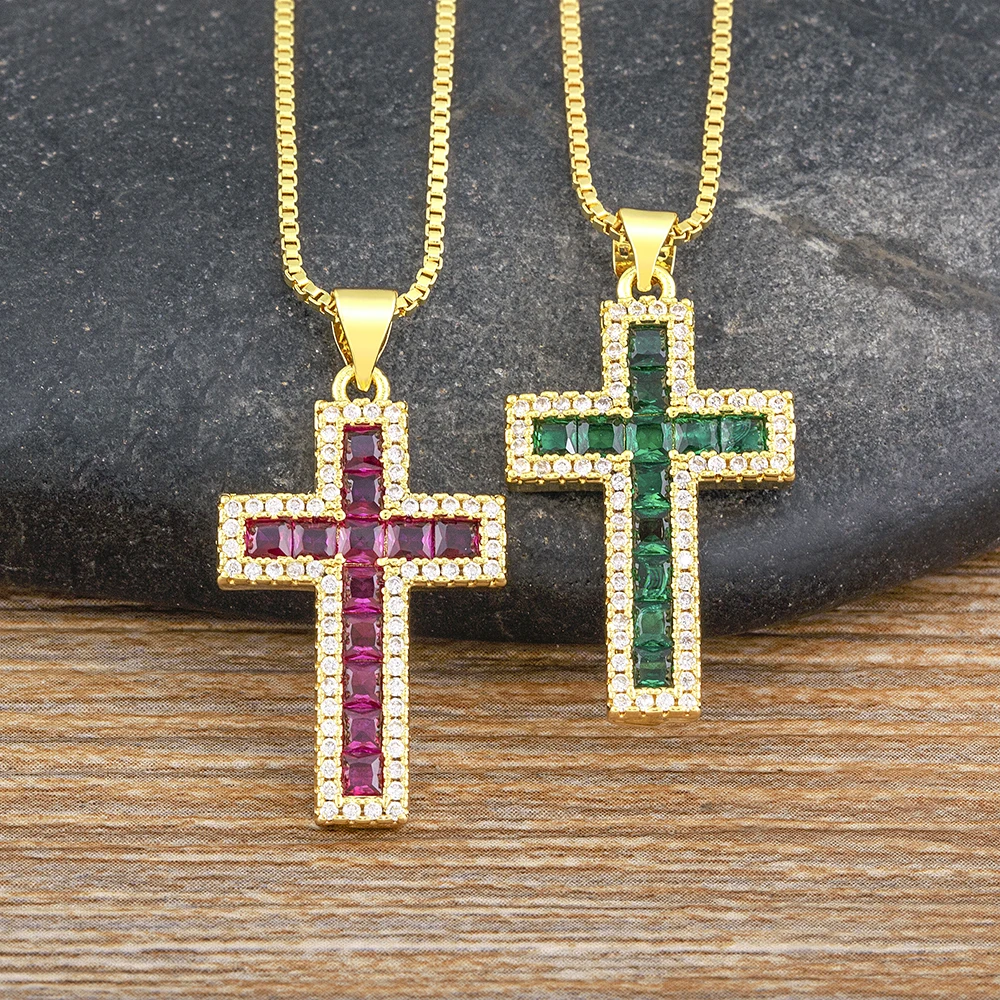 QIKU 6 Colors Rhinestone Cross Shape Pendant Necklace Copper Zircon Chain Choker Religious Pray Jewelry Women Gift Dropshipping