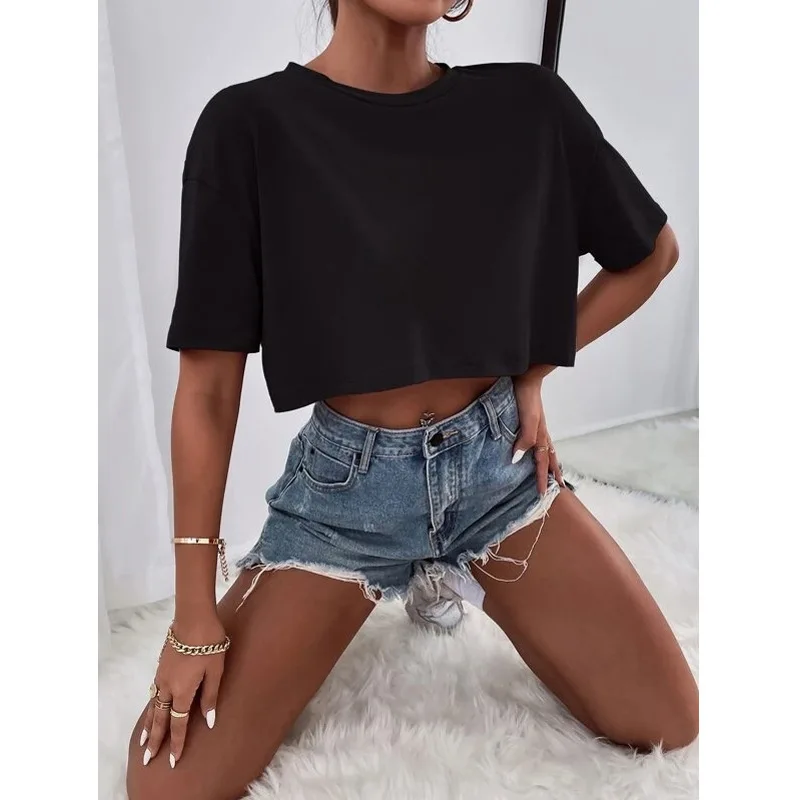 CB105-KLJYO168 Women's Summer Crop Top Short-Sleeved O-Neck Solid Color  High Waist Loose T-Shirt Releasing Belly Button