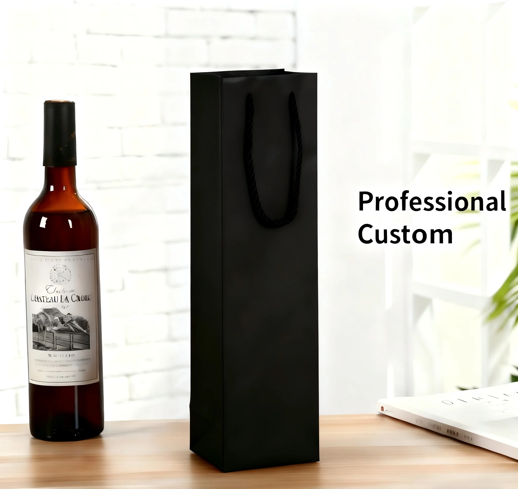 Reusable portable black cardboard paper bag with handle - logo customized, ideal as wine beverage gift bag & black shipping bag