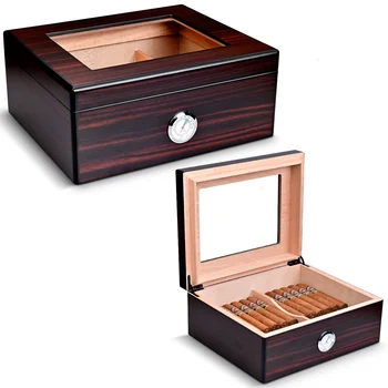 Luxury Portable Wooden Cigar Humidor Cedar Wood Lined Glass Top Cigar Storage Box Cigar Humidor Case