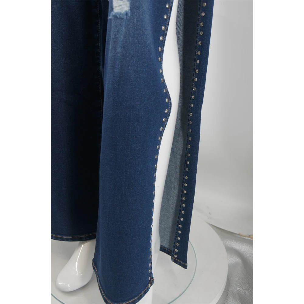 Women's Wide Leg Jeans with Studded Side & Distressed Design High Waist Casual Denim Pants
