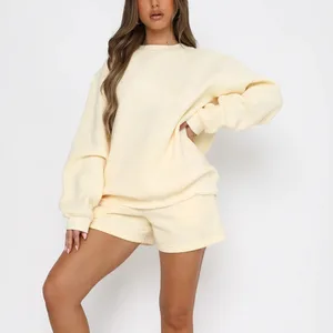 New Solid Color Women's Loose and Versatile Casual Round Neck Sweatshirt Shorts Set