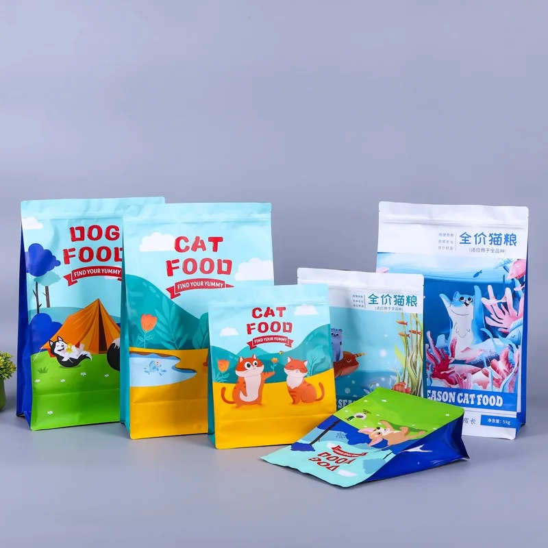 Eco Friendly Flat Bottom 8 Side Gusset Cat Dog Pet Food Packaging Bags 2Kg 5Kg 10Kg