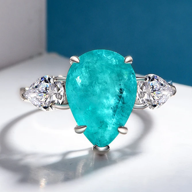 MUSHAN Jewelry Factory 925 Sterling Silver Waterdrop Zircon Rings Synthetic Paraiba 6ct Blue Pear Shape Gemstones Ring for Women