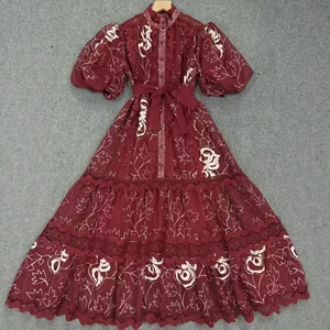 Spring Summer Midi Dress Women Designer Fashion Short Puff Sleeve Hollow Out Patchwork Embroidery Lace Casual Female Party