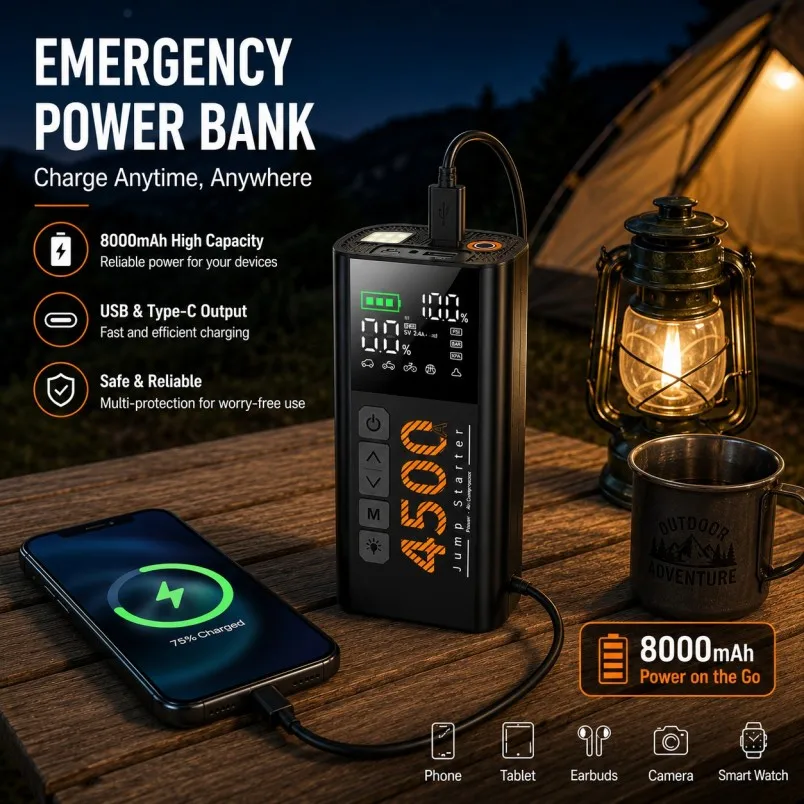 150Psi 4500A Portable 12000mAh Power Bank Air Pump Portable Air Compressor Tyre Inflator Car Jump Starter Booster - view 6